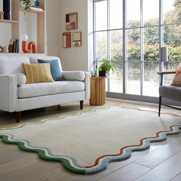 Elements Wave Natural Border Wool Rug | Dunelm
