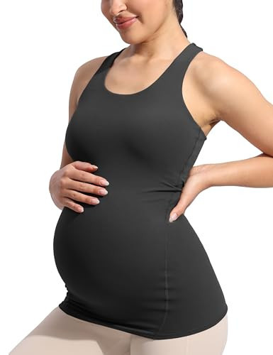 POSHDIVAH Women's Maternity Tank Tops with Built in Bra Padded Sleeveless Pregnancy Yoga Tee Workout Shirt Clothes, Black X-Small | Amazon (US)
