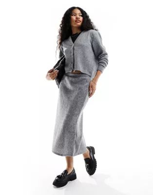 Vero Moda Petite button through cardigan and midi skirt co-ord in grey melange | ASOS (Global)