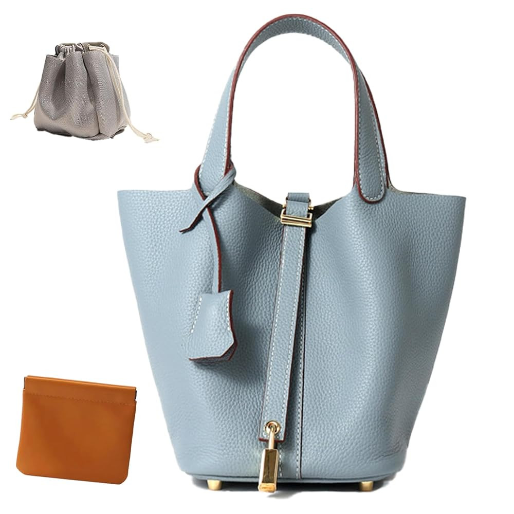 Genuine Leather Lock Design Bucket Bag Vegetable Basket, Fashionable and Versatile Shoulder Handb... | Amazon (US)