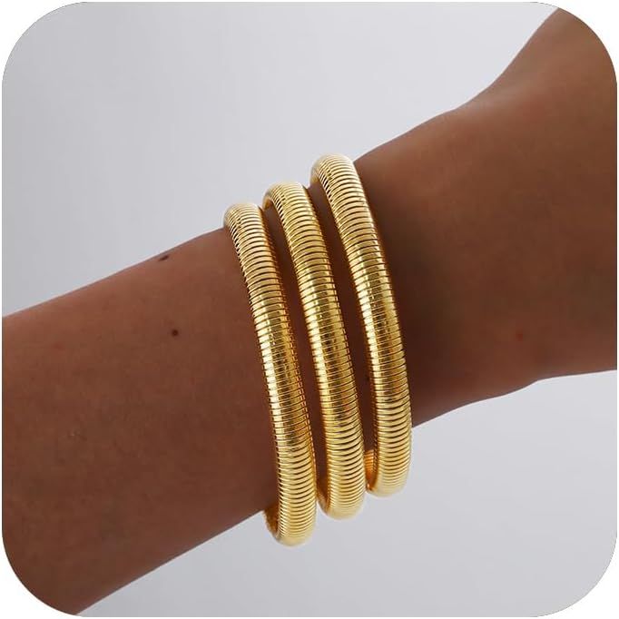 Gold Bangles for Women Chunky Stretch Bangles Bracelets Set 18K Gold Plated Stainless Steel Link ... | Amazon (US)