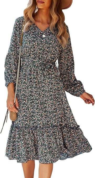 KIRUNDO Women's Casual Long Sleeve Ruffle Dress Sexy Wrap V Neck Empire Waist Boho Floral Print F... | Amazon (US)