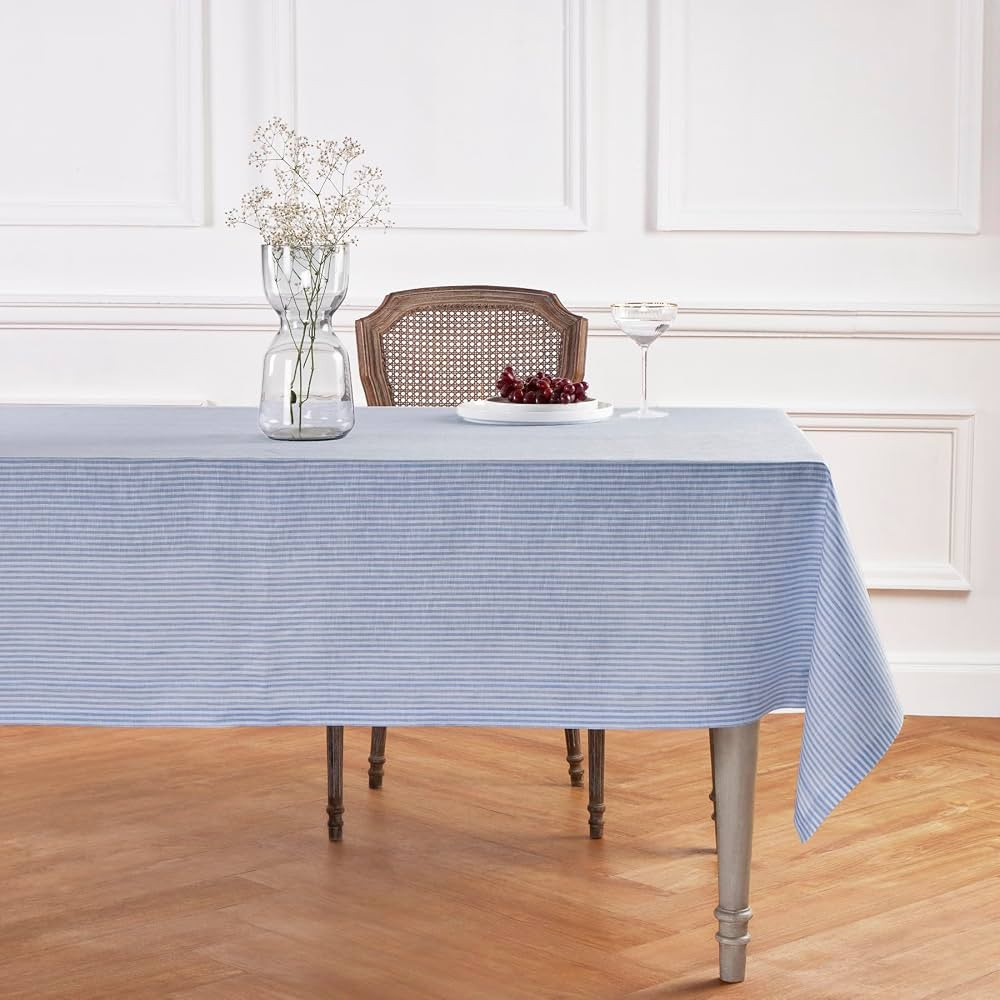 Solino Home Linen Striped Tablecloth 60 x 108 Inch - 100% Pure Linen Cornflower Blue and White Ta... | Amazon (US)