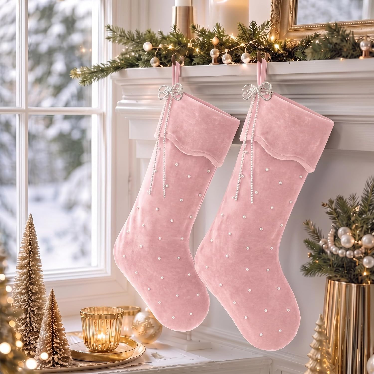 2 Pcs 20 Inch Pink Velvet Christmas Stockings with Pearl, Bow | Amazon (US)