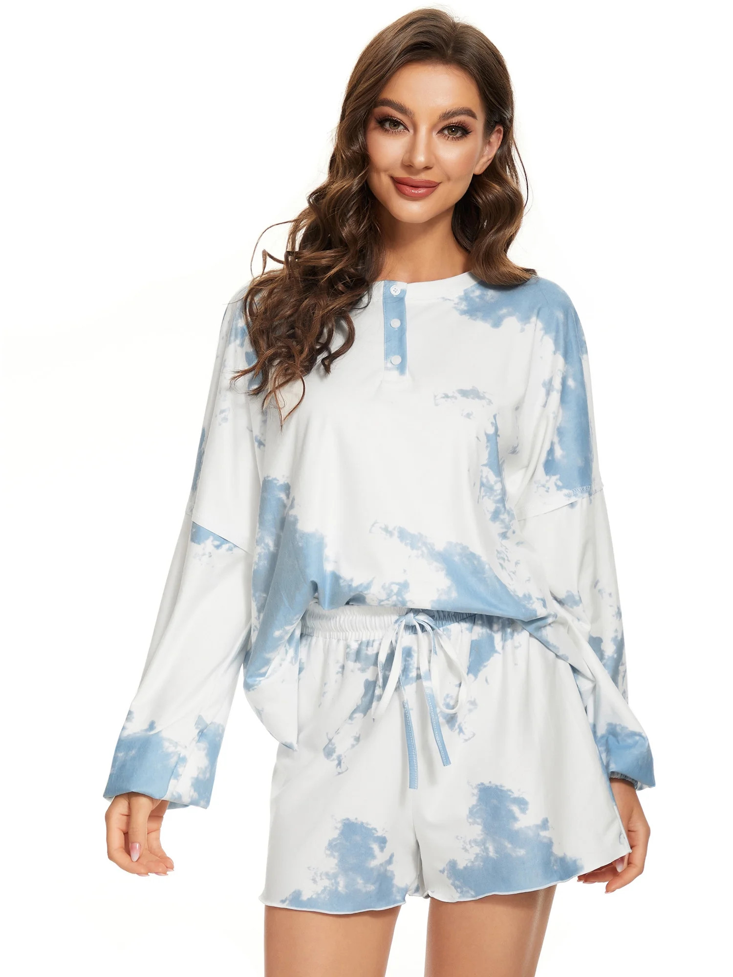 Ever-Pretty Women's Tie Dye Printed Button Down Long Sleeve 2 Piece Short Activewear Lounge Set N... | Walmart (US)