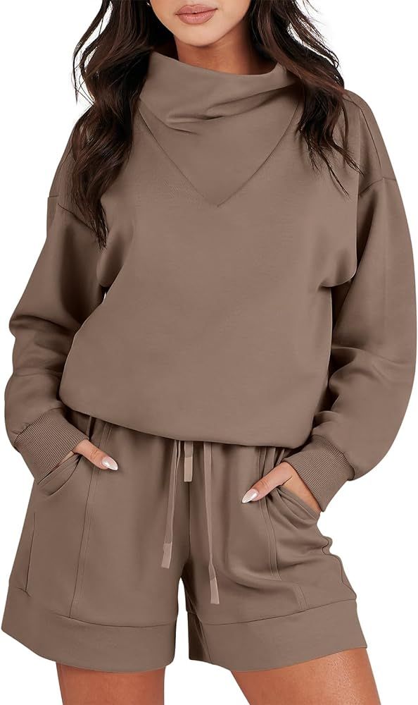 Women 2 Piece Outfits Loose Sweatsuits Fashion Cowl Neck Sweatshirts & Shorts Set Lounge Wear Jog... | Amazon (US)