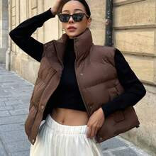 Zip Up Snap Button Vest Puffer Pockets Coat | SHEIN