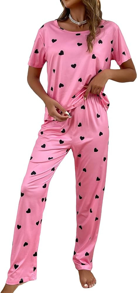 Cozyease Women's Cute Pajama Set Heart Print Short Sleeve Round Neck Tee Top and Pants Pajama Set... | Amazon (US)