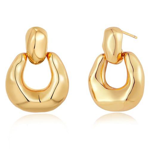 Chunky Gold Hoop Earrings for Women, Door Knock Shape Earrings Statement Gold Plated Dangle Earrings Lightweight Small Cut Design Drop Earrings Fashion Jewelry | Amazon (US)