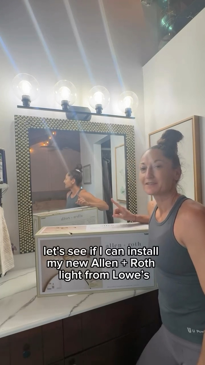 Husband was (not) a paid actor. 😂 
Ok, but seriously, how good is this new vanity light? You can get this Allen + Roth light from Lowe’s! Find this and all my other #lowesfinds in the link in my bio. Happy DIY-ing!
#lowespartner #ad #vanitylight #bathroomdesign #allenandroth #bathroomupgrade #easydiyproject