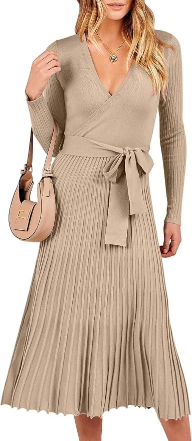 ANRABESS Women's 2023 Fall Long Sleeve Sweater Dress Wrap V Neck Pleated Ribbed Knit A Line Belte... | Amazon (US)
