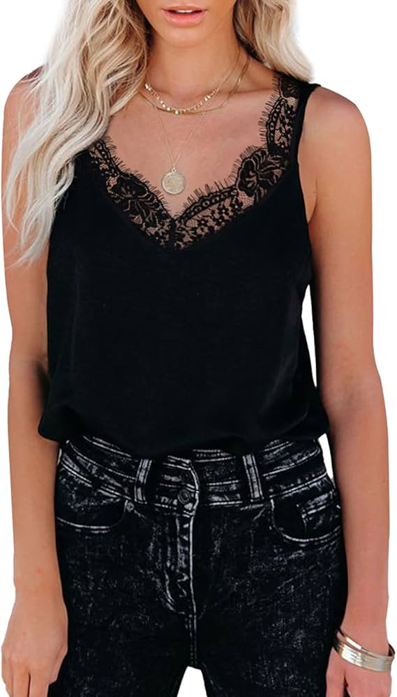 Sidefeel Women V Neck Lace Trim Basic Sleeveless Cami Tank Tops | Amazon (US)