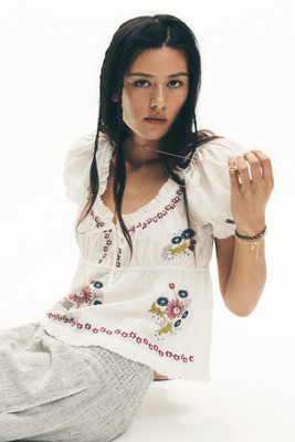 By Anthropologie Puff-Sleeve Embroidered Babydoll Top | Anthropologie (US)