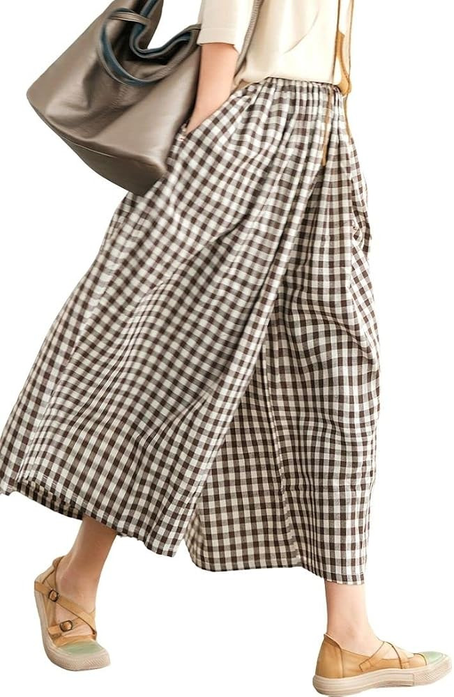 chouyatou Women's Cotton Linen Pants Elastic Waist Plaid Gingham Wide Leg Capri Palazzo Pants | Amazon (US)