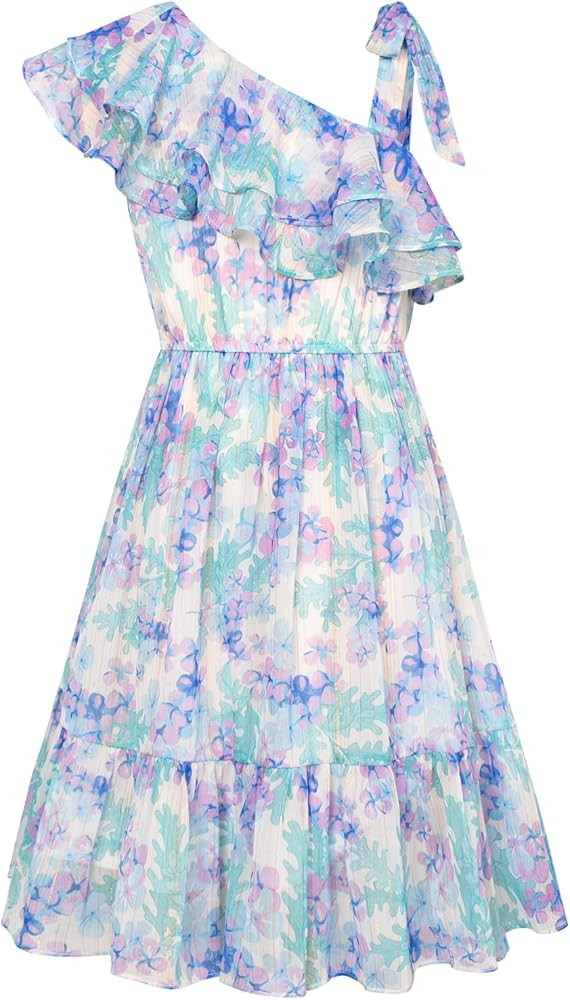 GRACE KARIN Girls Summer Dress One Shoulder Floral Ruffle Sleeve Midi Casual Sundress 5-12Y | Amazon (US)