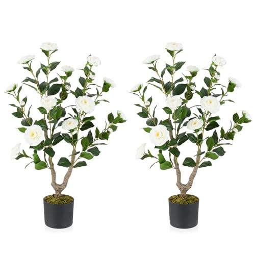 Goplus 36’’ Artificial Camellia Tree, 2 Pack Flower Plants Artificial Tree, Faux Floral Plant Blooming Tree in Nursery Pot, Greenery Potted Plant for Indoor Office Home Porch Decor, White | Amazon (US)