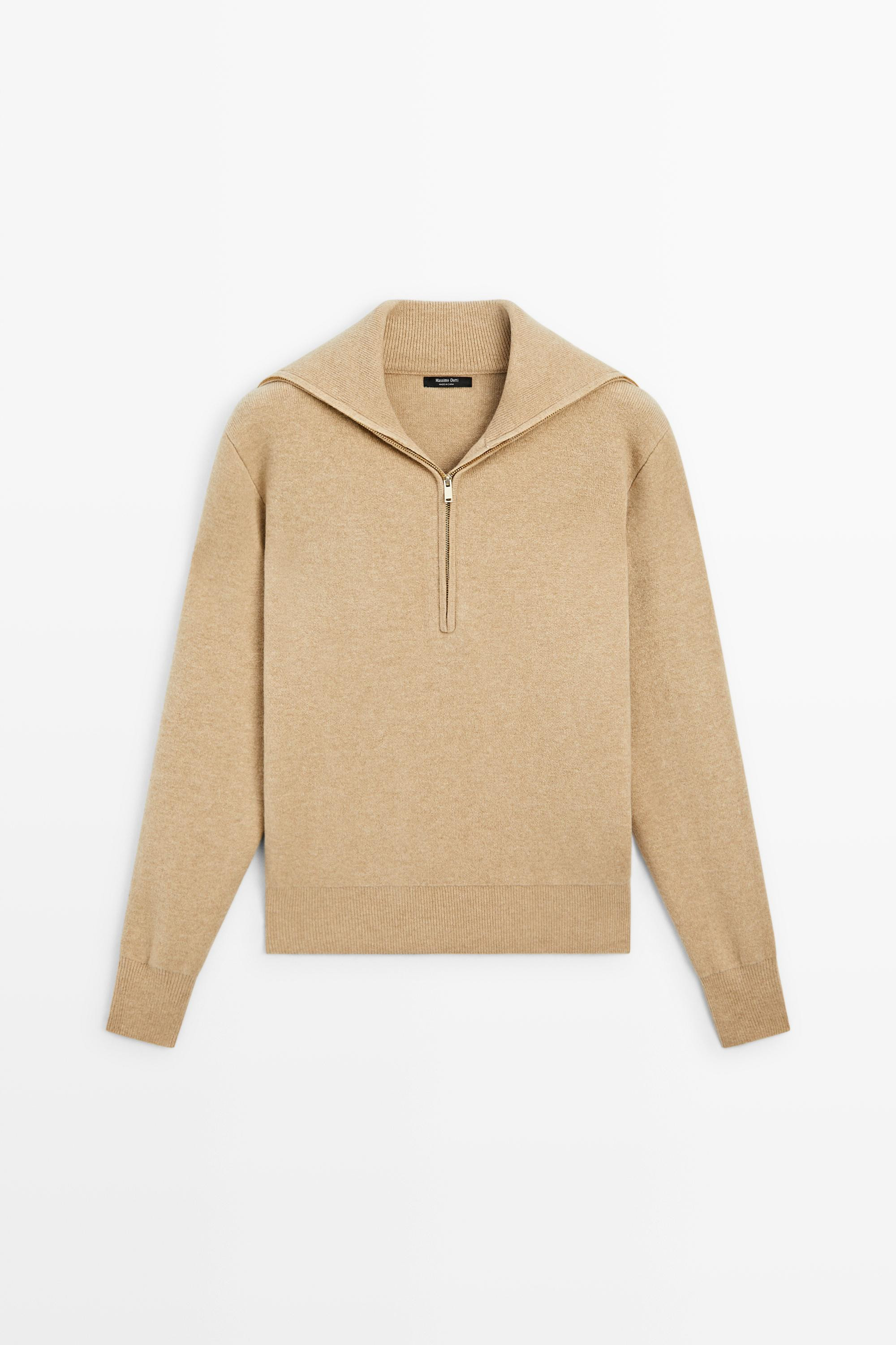 Wide collar zip-up knit sweater | Massimo Dutti UK