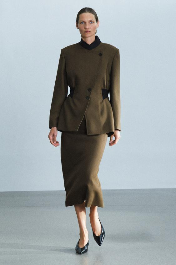 Zara - Zw Collection 100% Wool Fitted Jacket With Elastic Waist - Mid Khaki - Xl - Woman | Zara US