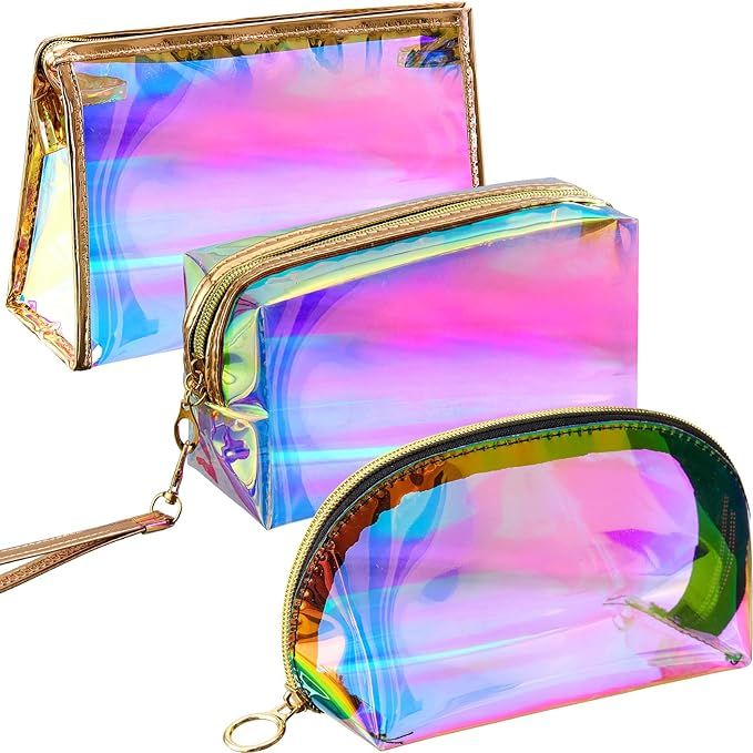 3 Pieces Holographic Makeup Bag Cosmetic Travel Bag Portable Waterproof Toiletries Bag Iridescent... | Amazon (US)
