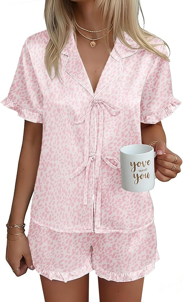 Ekouaer Satin Pajama for Women Short Sleeve Silky Pj Short Set Bow Front Tie Up Loungewear Sleepw... | Amazon (US)