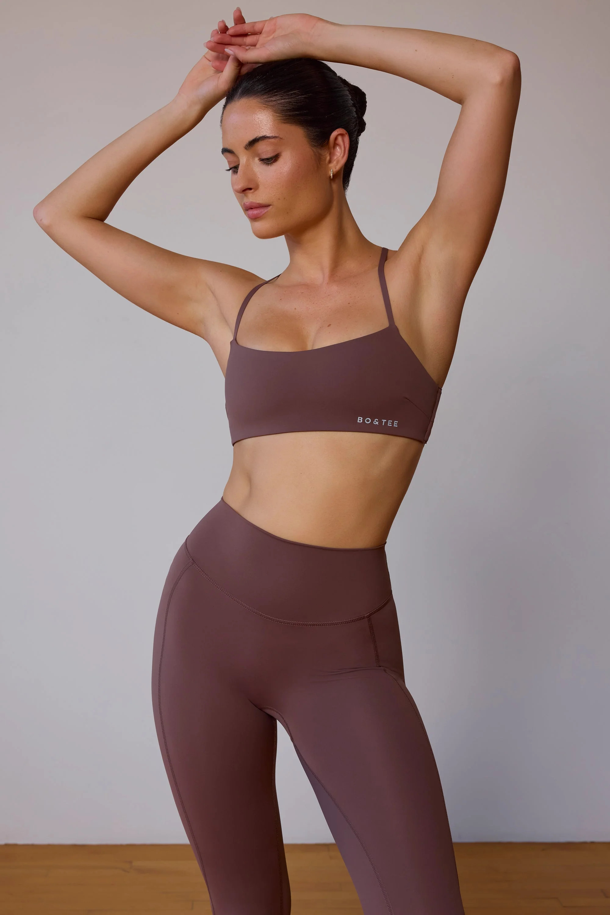 Cross-Back Sports Bra in Taupe Brown | Oh Polly