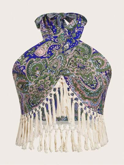 SHEIN VCAY Plus Allover Print Fringe Trim Halter Top | SHEIN