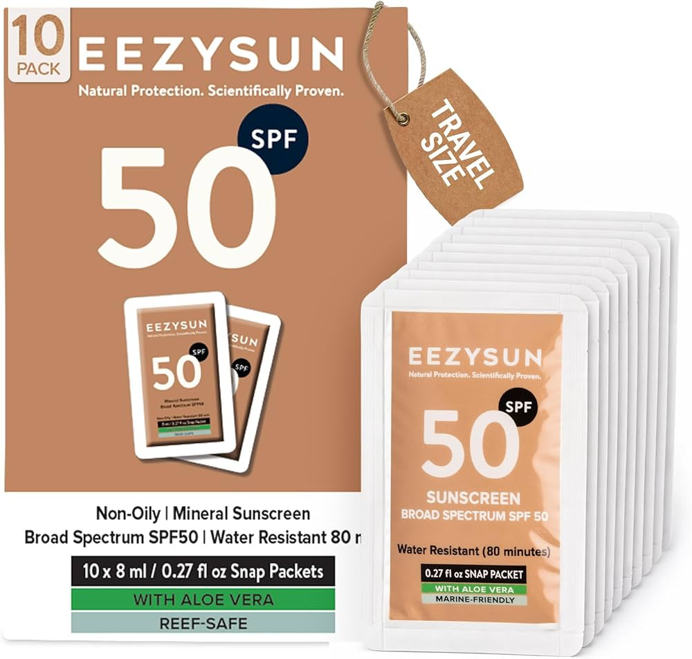 EEZYSUN Mineral Sunscreen SPF 50 Travel Size, 10 Snap Packets x 0.27 fl oz - Non-Greasy, Weightle... | Amazon (US)