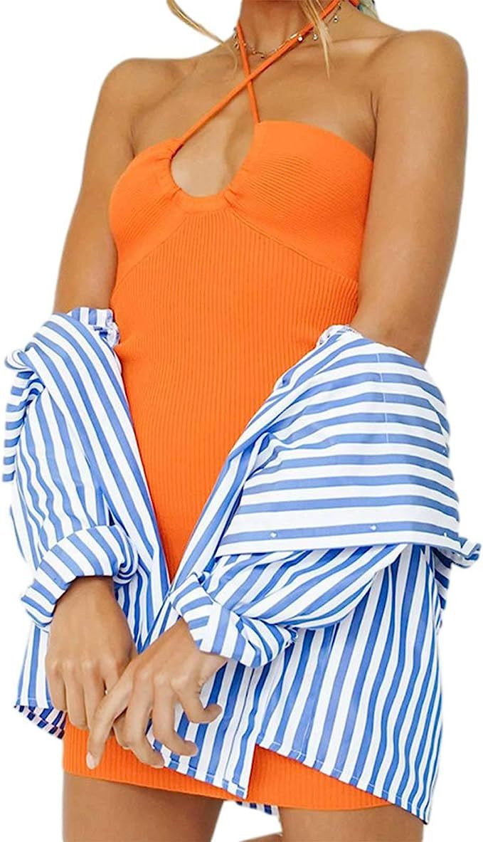 Sunwittafy Women's Fashion Ripple Printing Dress Sexy Summer Spaghetti Strap Backless Suspender M... | Amazon (US)