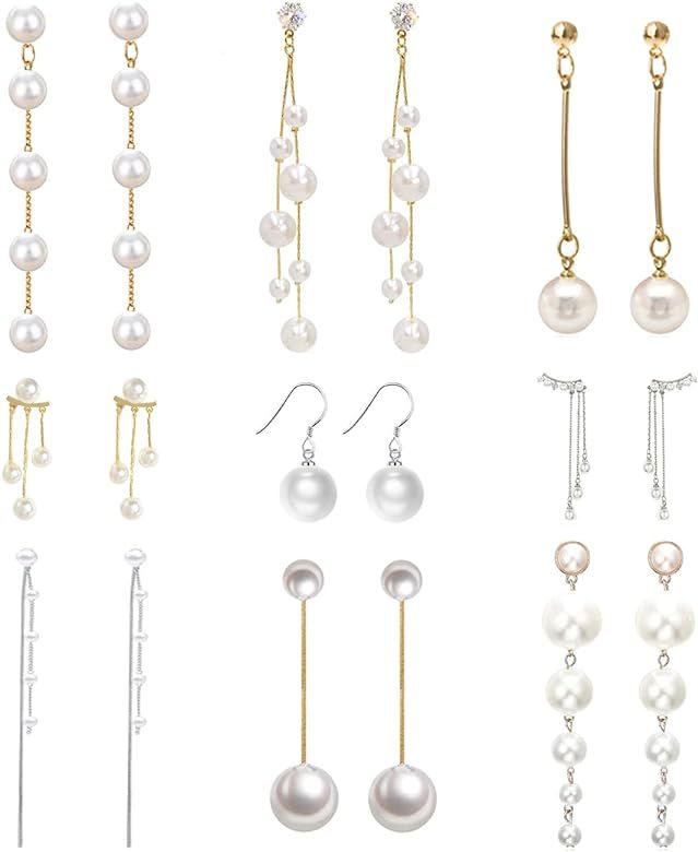 SAMOCO 9 Pairs Big Simulated Pearl Long Tassel Drop Earrings for Women Double Sided Front Back Pe... | Amazon (US)