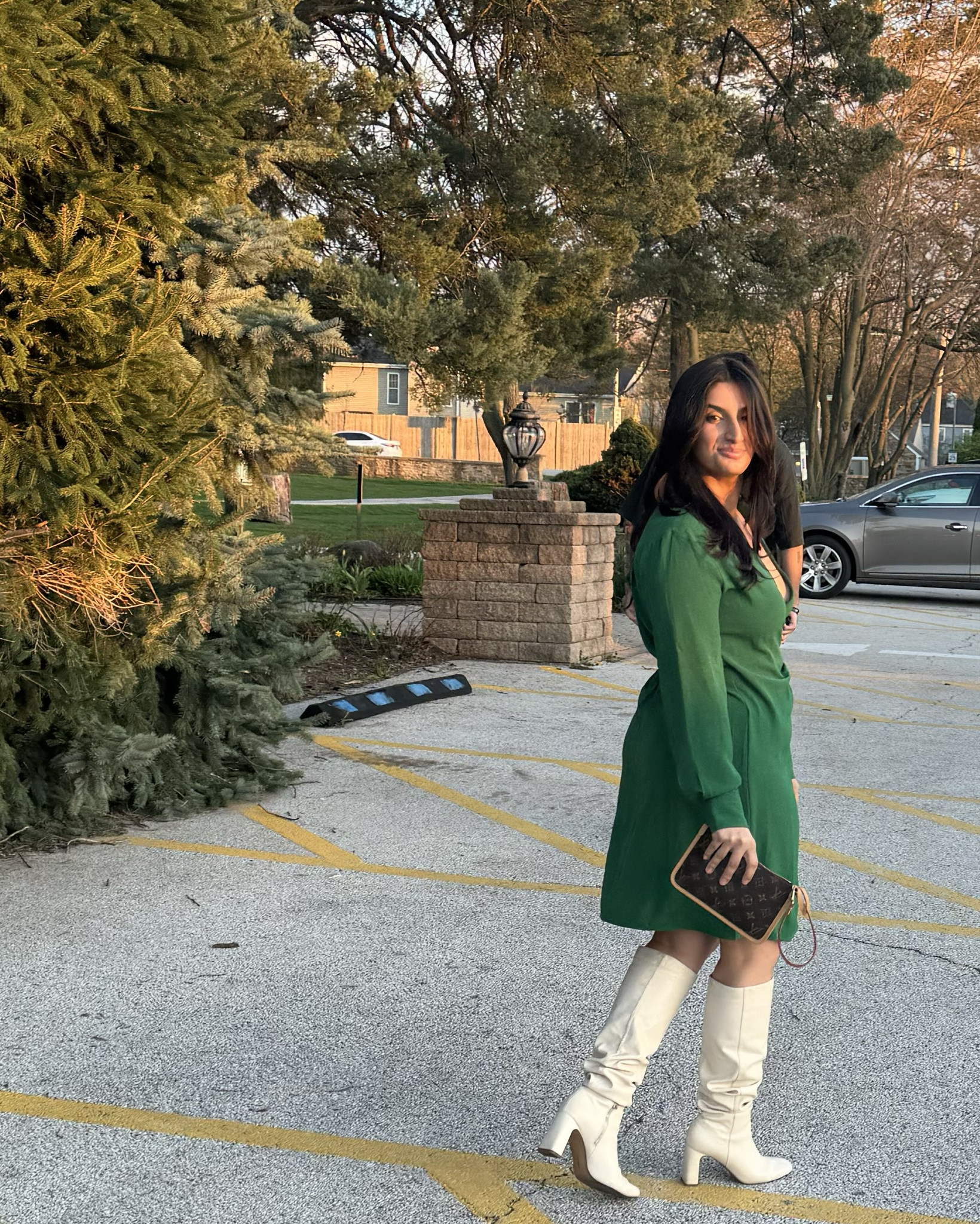The PERFECT green spring dress! Wore this to dinner paired with my favorite #bershka cream slouch boots and my Louis Vuitton clutch. All three pieces are versatile and wearable year round! Dress is from my mom’s closet but will link a similar one :) 

#LTKShoeCrush #LTKStyleTip
