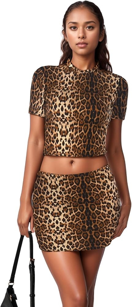 PORRCEY Women Sexy Casual Leopard Print Crop Top Y2K Clubwear Party Club Night 2 Piece Mini Dress | Amazon (US)