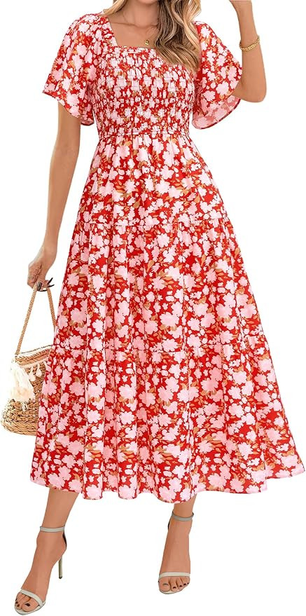 BTFBM Summer Floral Dress for Women 2025 Spring Boho Short Sleeve Square Neck Smocked Flowy Maxi ... | Amazon (US)