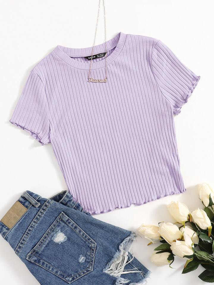 SHEIN EZwear Solid Lettuce Trim Rib-knit Tee | SHEIN