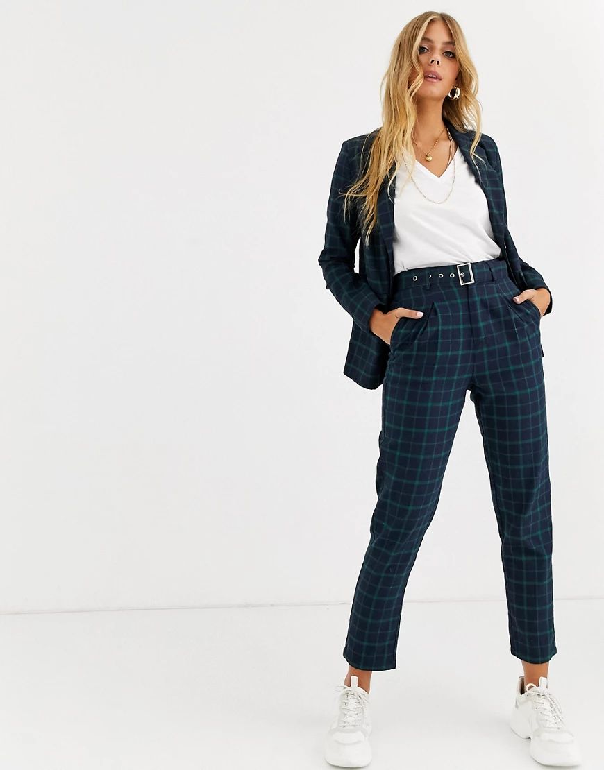 Heartbreak belted tailored pants in navy and green check | ASOS (Global)