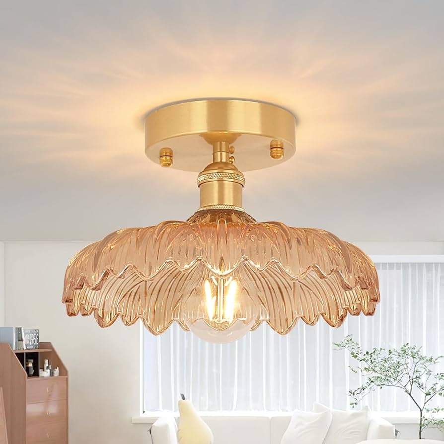 Semi Flush Mount Ceiling Light, Gold Hallway Vintage Lights Fixture Ceiling with Amber Flower Gla... | Amazon (US)