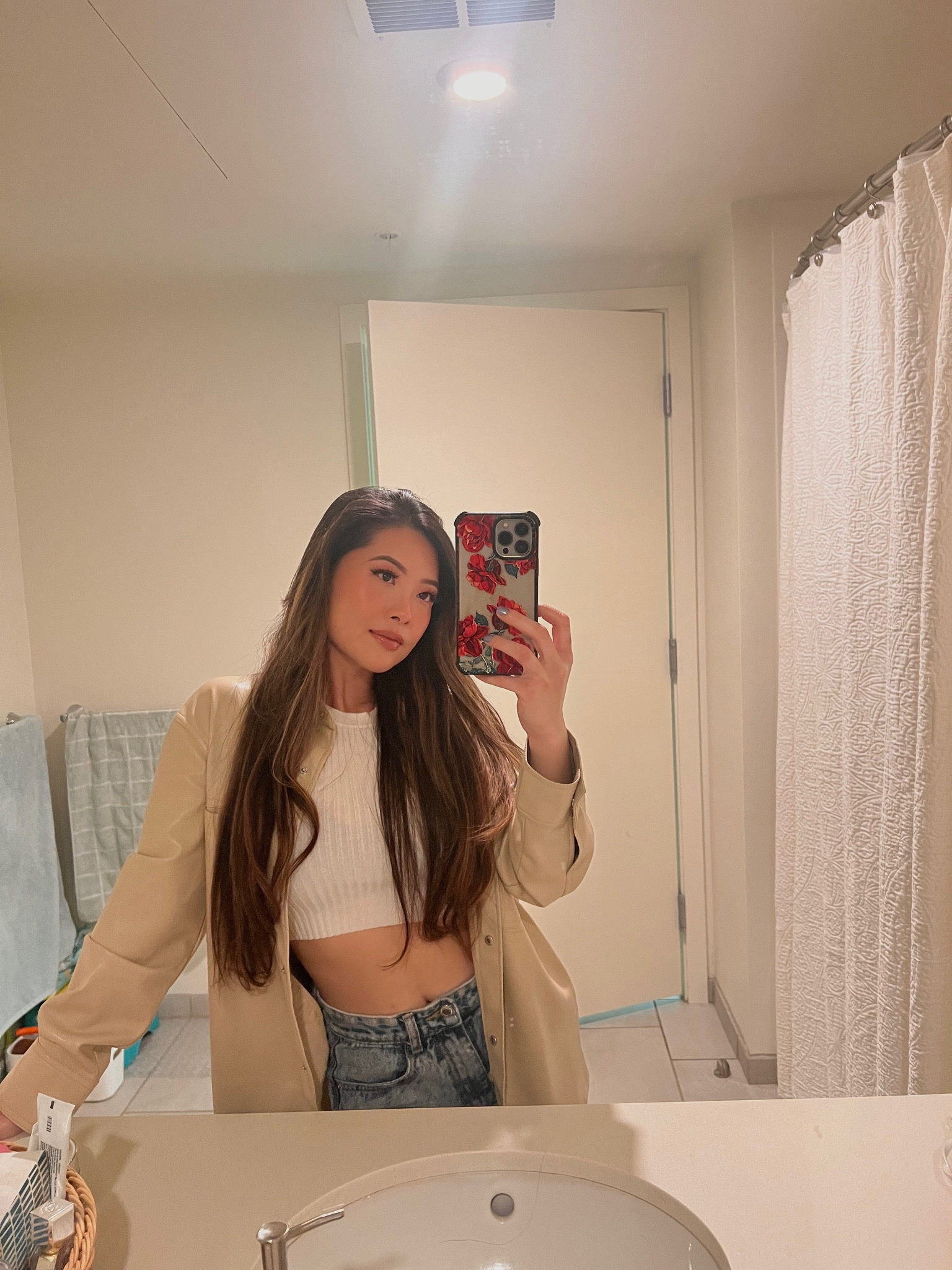 Casual Friday fit, white crop top, straight leg high waist jeans, Topshop Tan Nude Jacket 

#LTKfit #LTKstyletip #LTKunder100