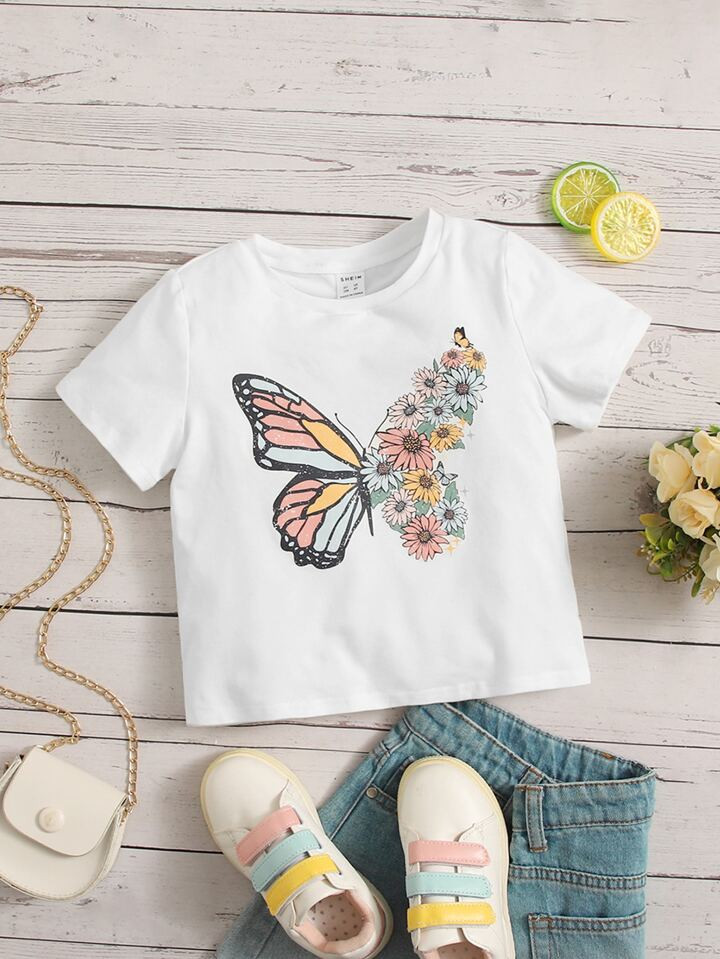 SHEIN Kids SUNSHNE Toddler Girls Butterfly & Floral Print Tee | SHEIN