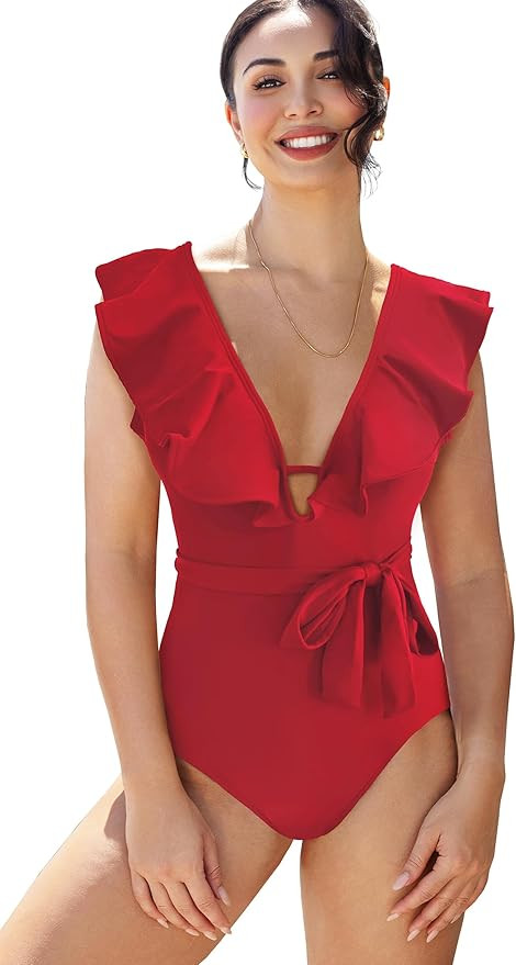 SPORLIKE Women One Piece Swimsuit V-Neck Ruffle Bathing Suit Padded Monokini | Amazon (US)