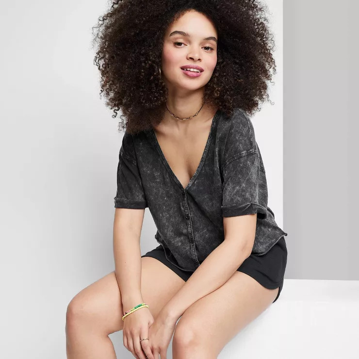 Women's Short Sleeve Button-Front V-Neck Cropped Boxy T-Shirt - Wild Fable™ | Target