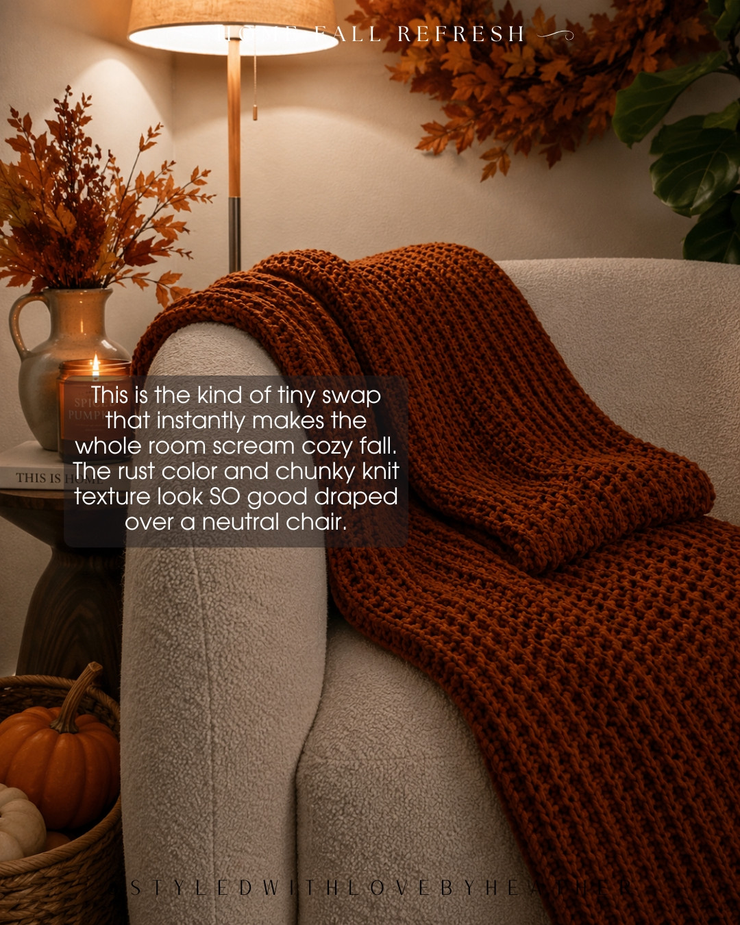 One blanket, instant fall. 🍁 This rust chunky knit throw brings in the prettiest warm autumn color and makes a neutral chair or sofa look so much cozier. Definitely one of those simple swaps with a big impact—tap to shop! 

 #LTKdayinmylife #LTKvlog #LTKHome