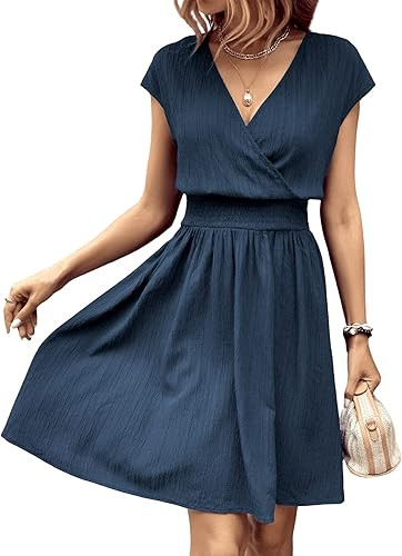 SweatyRocks Women's Short Batwing Sleeve Cross Wrap V-Neck A-line Casual Swing Dress Plain Shirre... | Amazon (US)