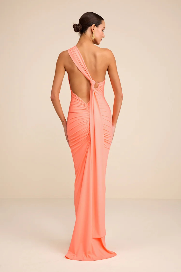 Cressida Peach Slinky Knit One-Shoulder Mermaid Maxi Dress | Lulus