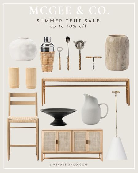 McGee and Co sale. Dining. Kitchen decor. Counter stool. Woven bench. Dining bench. Barware. Bar tools. Kitchen marble crock utensil holder. Vase. Bowl. Sideboard. Salt and pepper shakers. Vase. White cone pendant. 

#LTKSeasonal #LTKSummerSales #LTKHome
