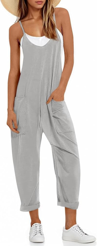 Fisoew Women's Summer Sleeveless Loose Casual V Neck Jumpsuits Spaghetti Strap Long Pants Baggy O... | Amazon (US)