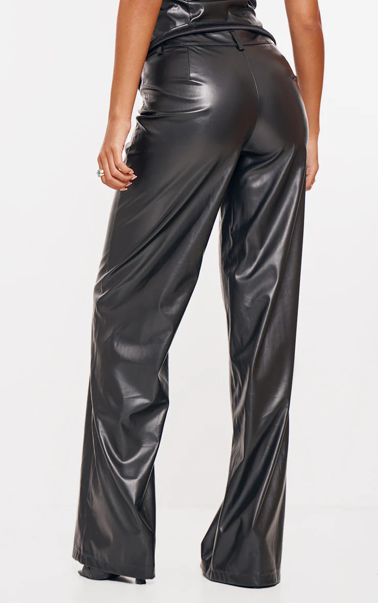 Tall Black Faux Leather Mid Rise Wide Leg Pants | PrettyLittleThing US