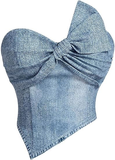 MakeMeChic Women's Bow Denim Top Strapless Ruched Knot Tube Asymmetrical Y2K Crop Tops | Amazon (US)