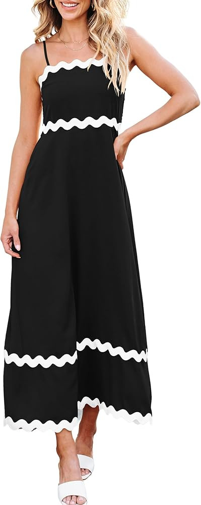 ECOWISH Women Summer Dresses 2024 Spaghetti Strap Rickrack Sleeveless Long Casual Backless Beach ... | Amazon (US)