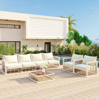 7-Piece White Metal Patio Conversation Seating Set with Thick Cushions and Coffee Table | The Home Depot