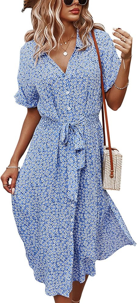 Angashion Women Dresses Casual Short Sleeves Floral Print Button Down V Neck Summer Boho Midi Dre... | Amazon (US)
