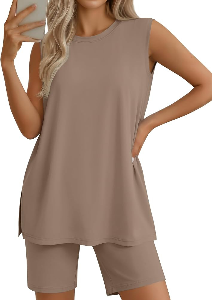 Huukeay 2 Piece Sets for Women Summer Outfits 2026 Matching Lounge Resort Sets Tunic Tank Tops Sl... | Amazon (US)